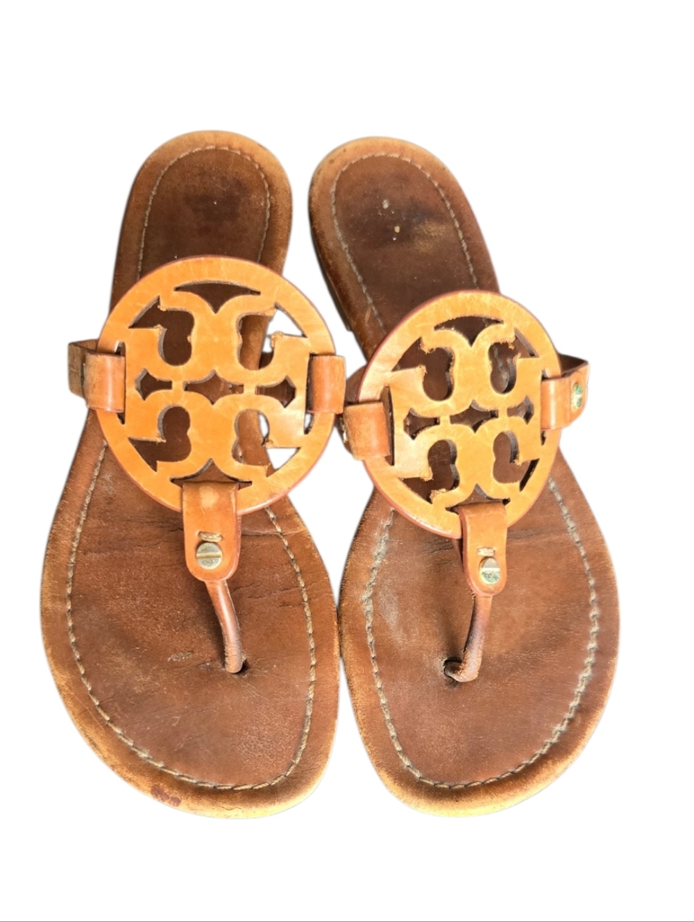 vintage authentic Tory Burch Brown Leather Miller Logo Thong Sandals Size 10